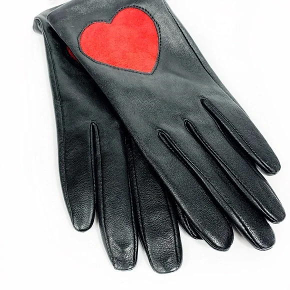 Aqua Leather Gloves w/ Red Suede Heart • Luxe Black NWT Gloves • Gift-Ready $129